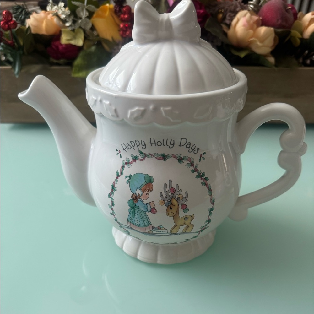 {Enesco Precious Moments} Christmas Happy Holly Days Stoneware Teapot Set 1994 - Picture 8 of 15